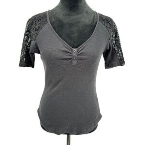 Bongo‎ Y2K Waffle Knit Babydoll Top Womens M Lace V Neck Button Thermal Henley